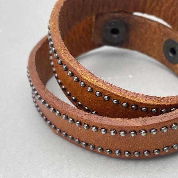 Yik Fung Wrap Leather Studded Detail Bracelet Snap Closure Brown 15.5 Inches - Picture 3 of 4